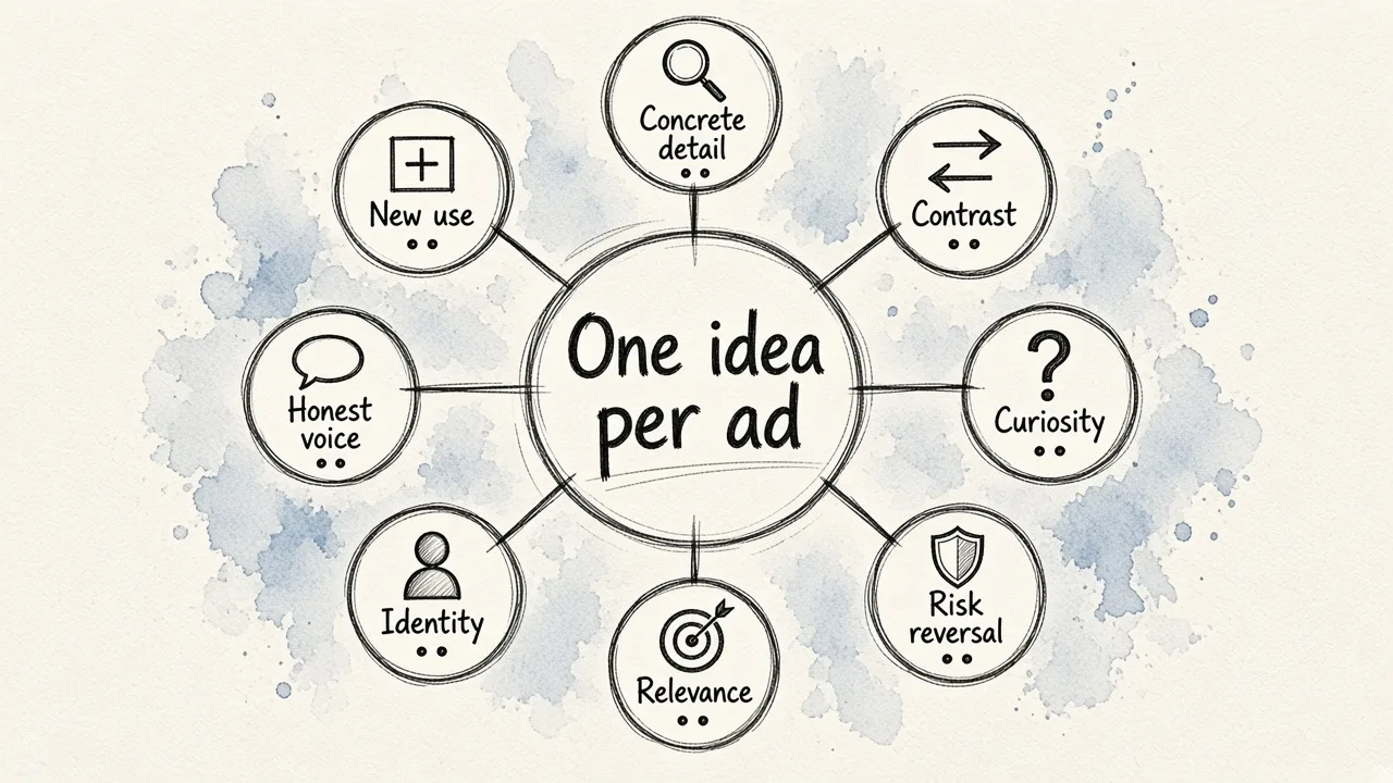 A hub-and-spoke diagram with 'One idea per ad' at the centre, linked to eight ad copy techniques such as contrast, curiosity, risk reversal and identity.
