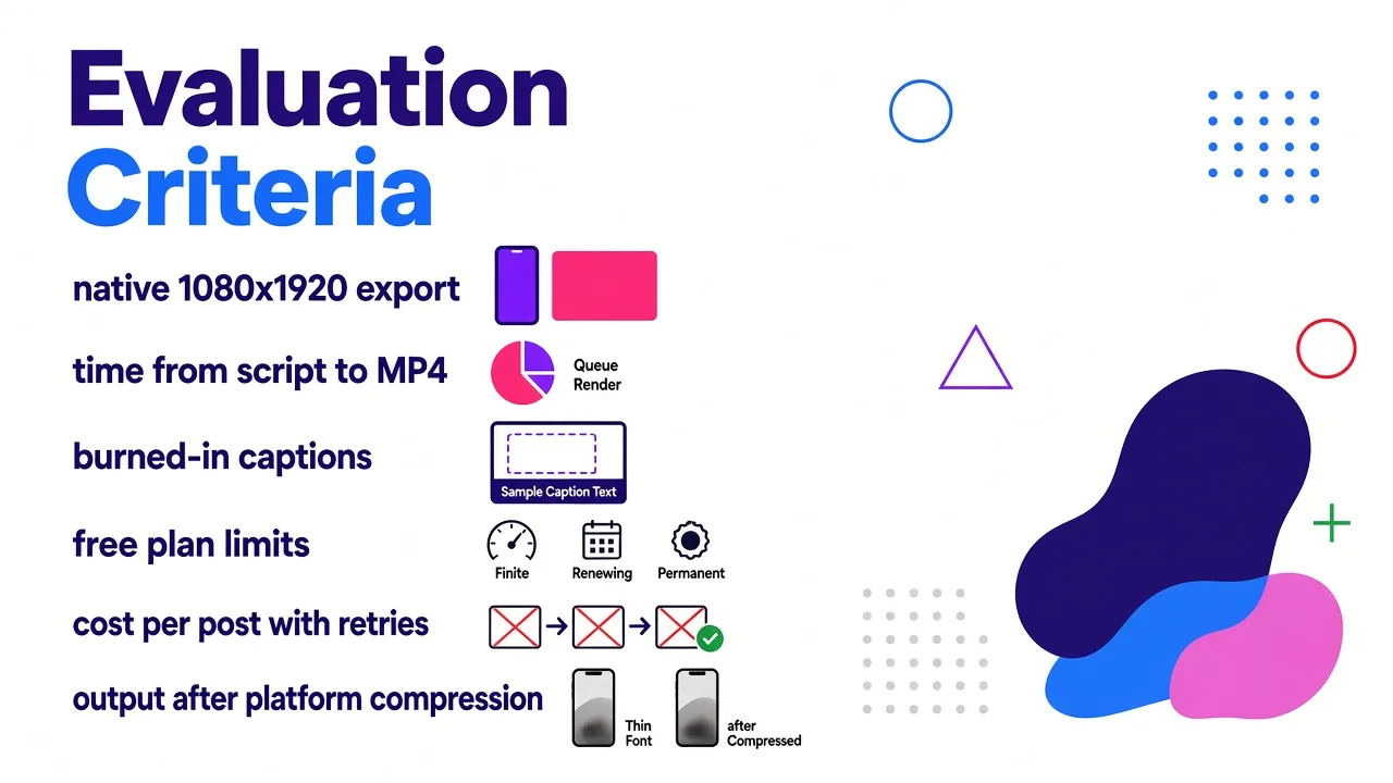 Six evaluation criteria for short-form video tools ranked by importance, showing native export resolution, render-plus-queue time, caption placement, free plan constraints, cost-per-finished-video with failed attempts, and how compression affects caption legibility.