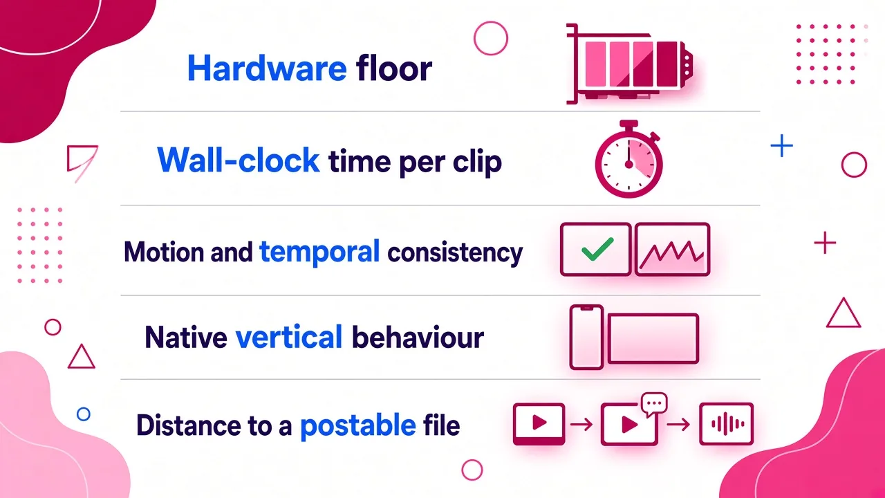 Five evaluation criteria for open source video generators displayed vertically: hardware requirements, generation speed, motion quality, vertical format support, and post-production readiness.