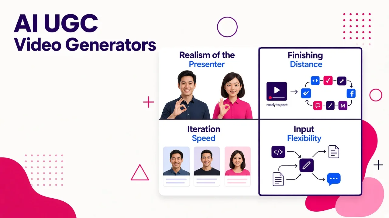 A four-quadrant matrix evaluating AI UGC video generators on realism, finishing distance, iteration speed, and input flexibility.