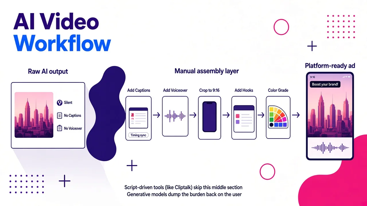A workflow diagram contrasting raw AI video output requiring extensive manual editing with finished platform-ready ads that have captions, voiceover, and vertical framing already built in.