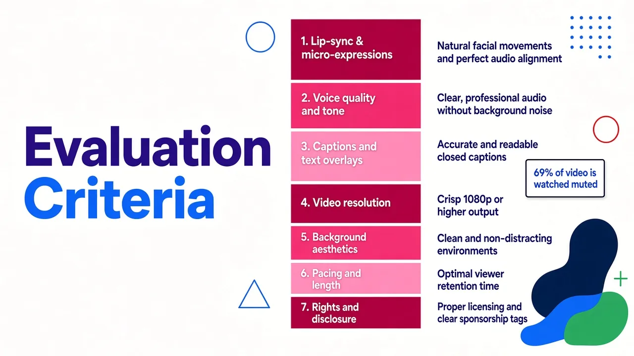Seven evaluation criteria for avatar video generators ranked by importance, from lip-sync quality at the top to rights and disclosure at the bottom.