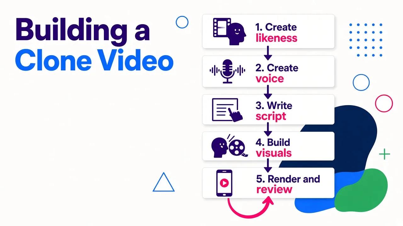 A five-step flowchart showing the sequence for building a clone video, from uploading a photo and voice sample through writing a script, building visuals, and rendering with a feedback loop for revisions.