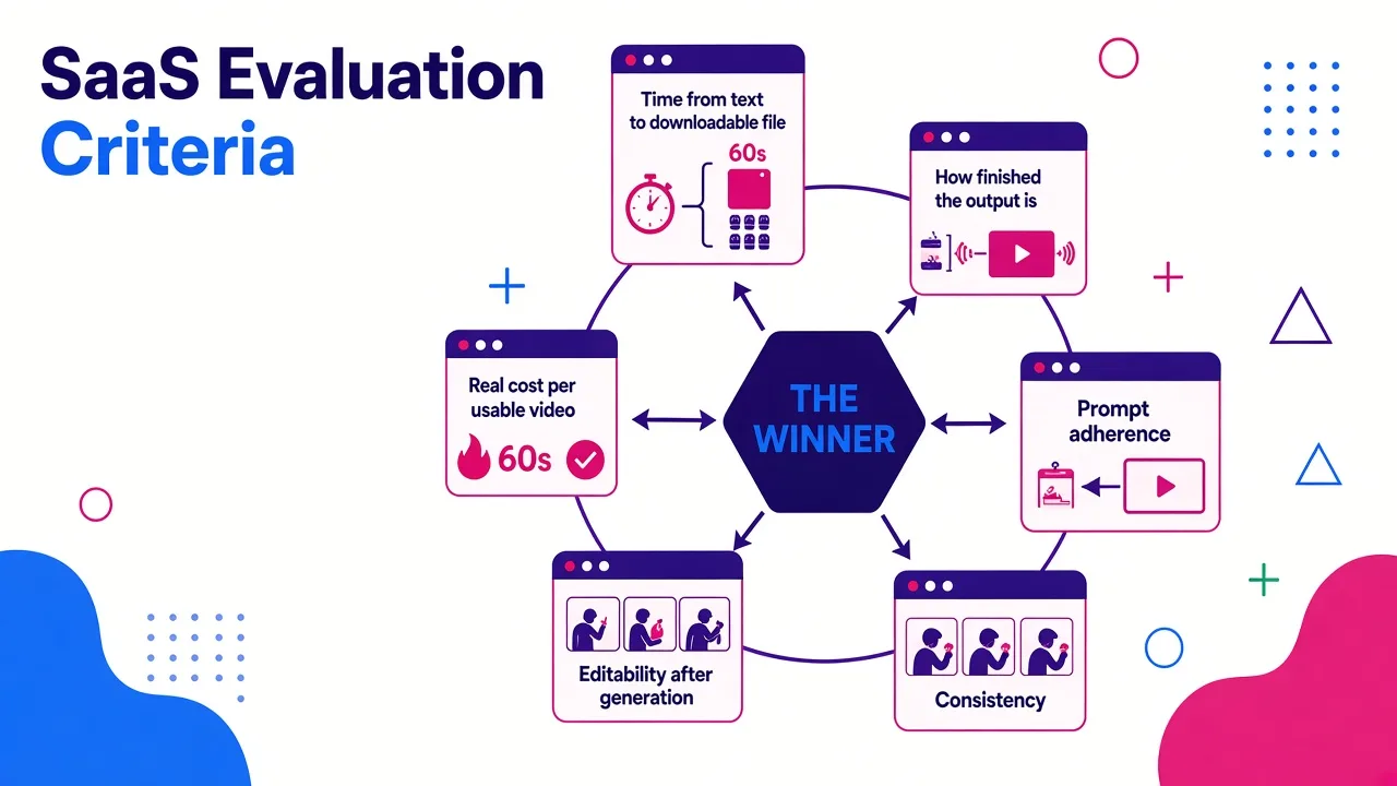 Six evaluation criteria for testing text-to-video tools arranged in a circular flow, comparing raw generation models against script-to-video suites.