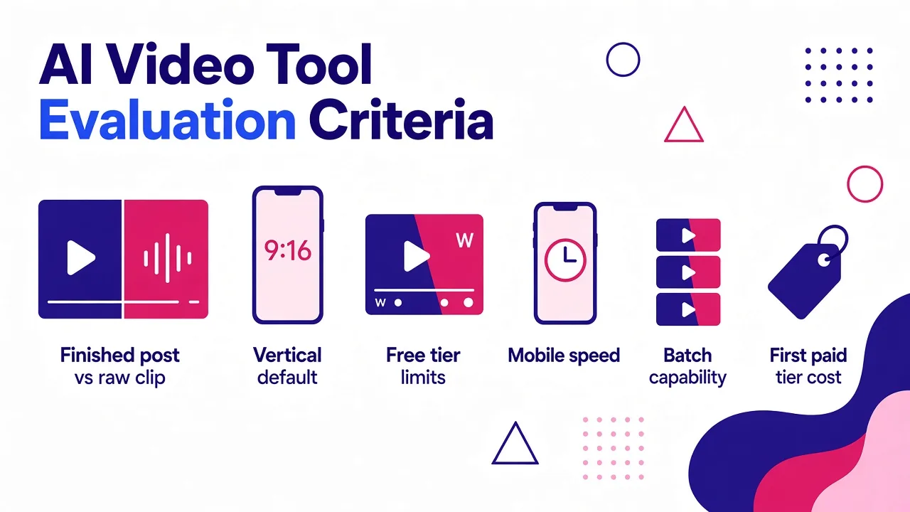 A table comparing six weighted criteria for evaluating AI video generator apps, arranged left to right by importance.