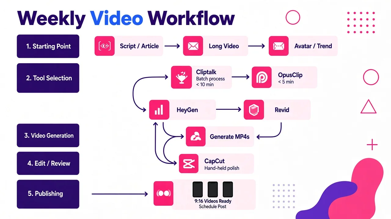 A workflow diagram showing how creators produce multiple Reels in one session, splitting between script-based tools like Cliptalk and clip-based tools like OpusClip, with publishing at the end.