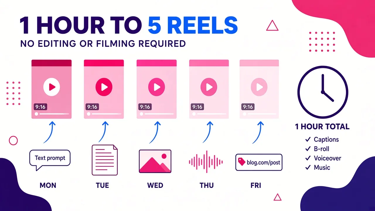 A timeline showing how five daily Reels can be generated from different inputs—prompts, scripts, articles, voice samples, and URLs—all completed within one hour.