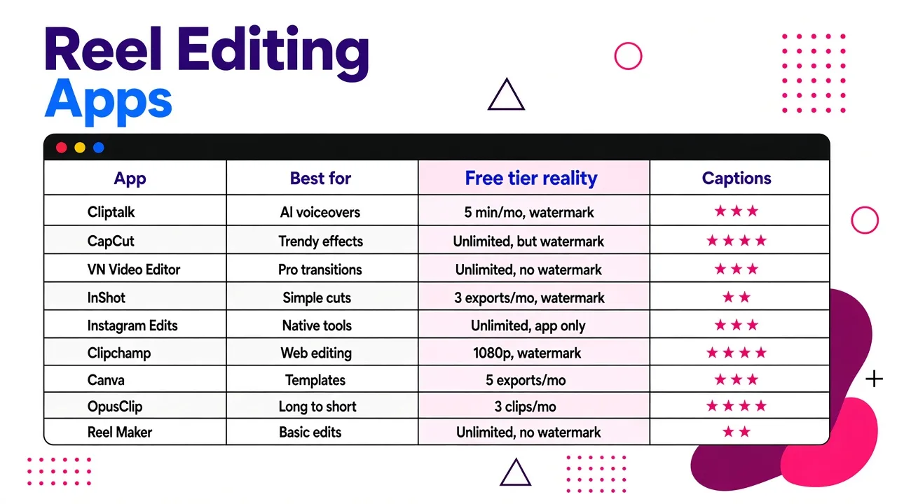 Table comparing nine reel editing apps by use case, free tier limits, and caption quality.