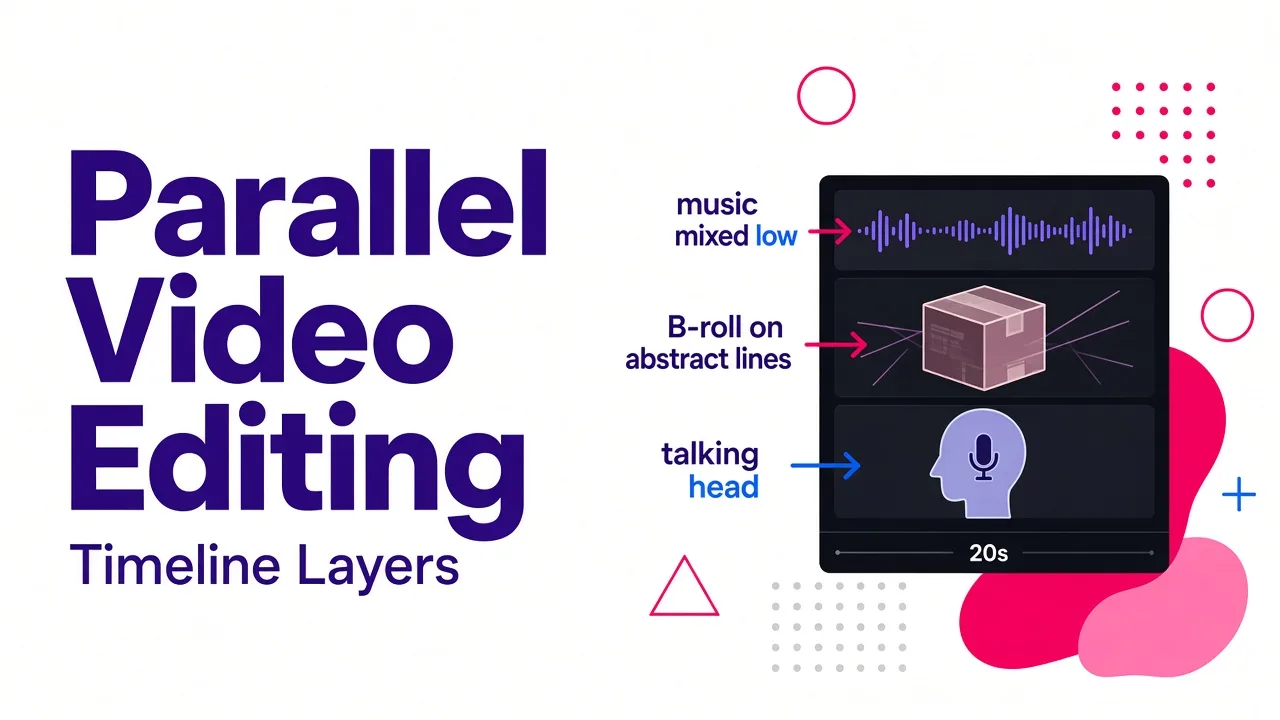 Three video layers—talking head, B-roll footage, and music waveform—combined together in a vertical timeline to illustrate how multiple elements eliminate dead air in a reel.