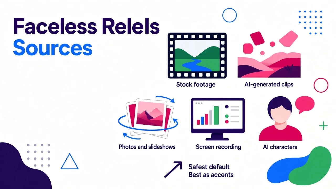 Five visual sources for faceless Reels shown as separate illustrated sections: stock footage, AI-generated clips, photos with motion effects, screen recording, and an AI character.