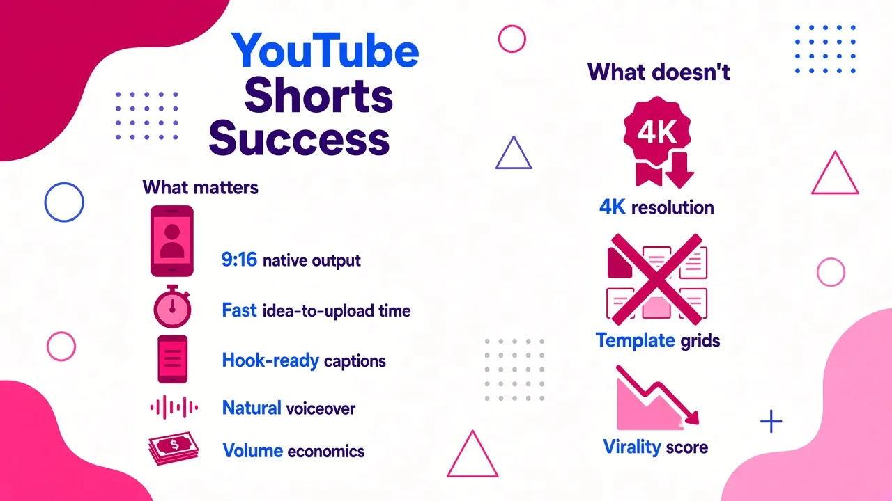 Comparison of five essential YouTube Shorts success factors on the left versus three overrated features on the right.