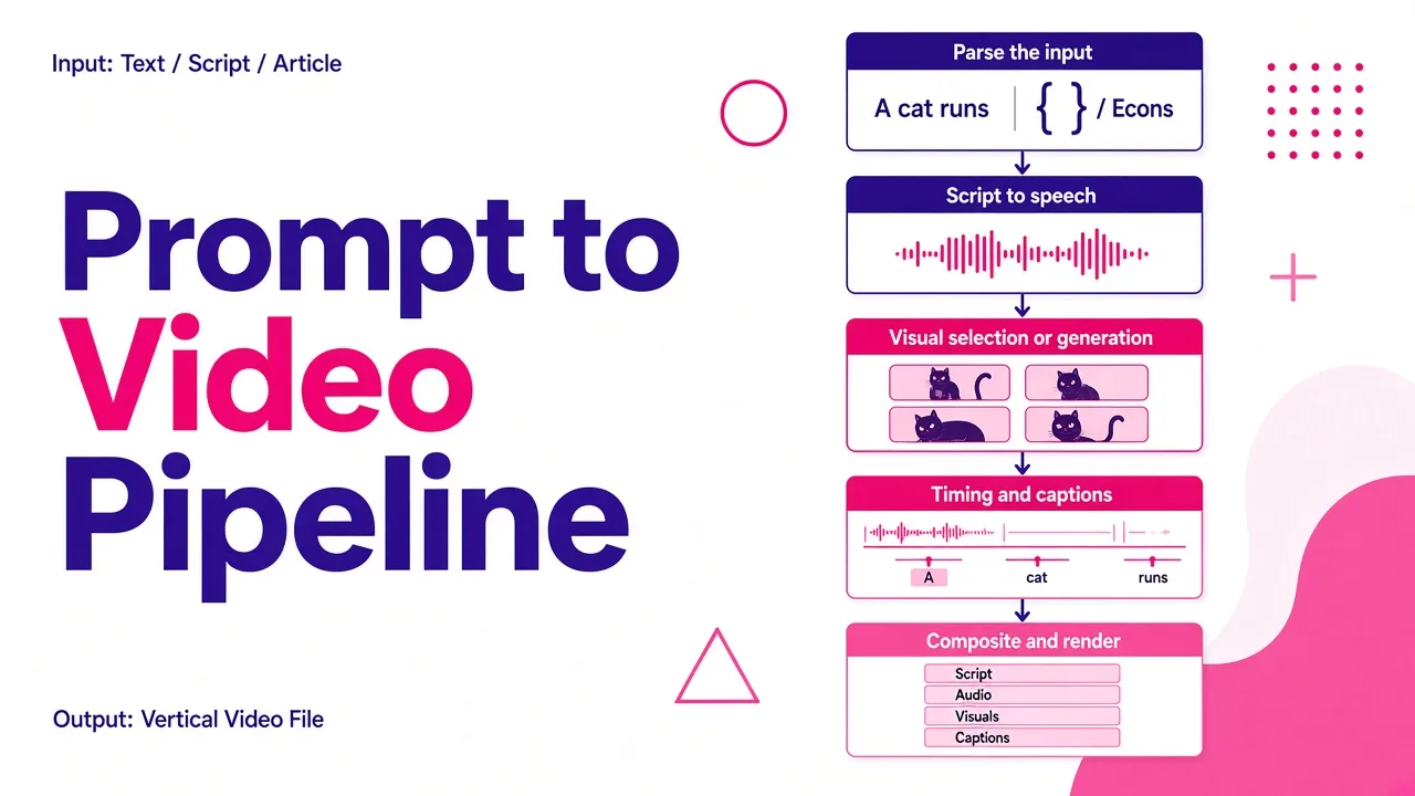 A flowchart of five steps showing how a text prompt becomes a finished vertical video through parsing, voice generation, visual selection, caption timing, and final composition.