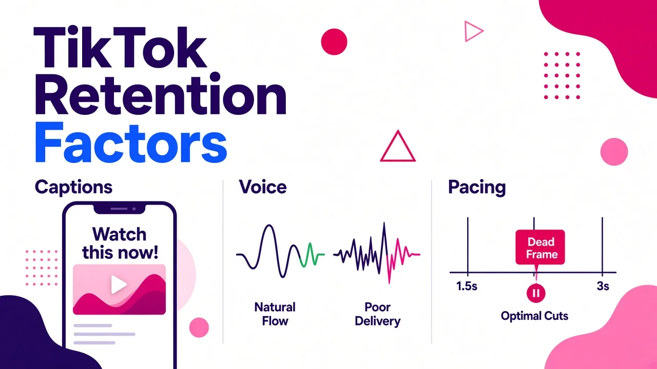 Three-column diagram comparing captions placement and styling, voice pacing patterns, and video cut timing for TikTok retention.