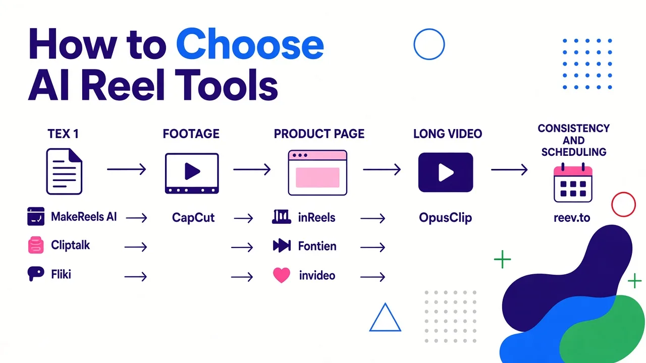 Decision tree showing which AI video tool to use based on your starting material: text, footage, product pages, long videos, or scheduling needs.