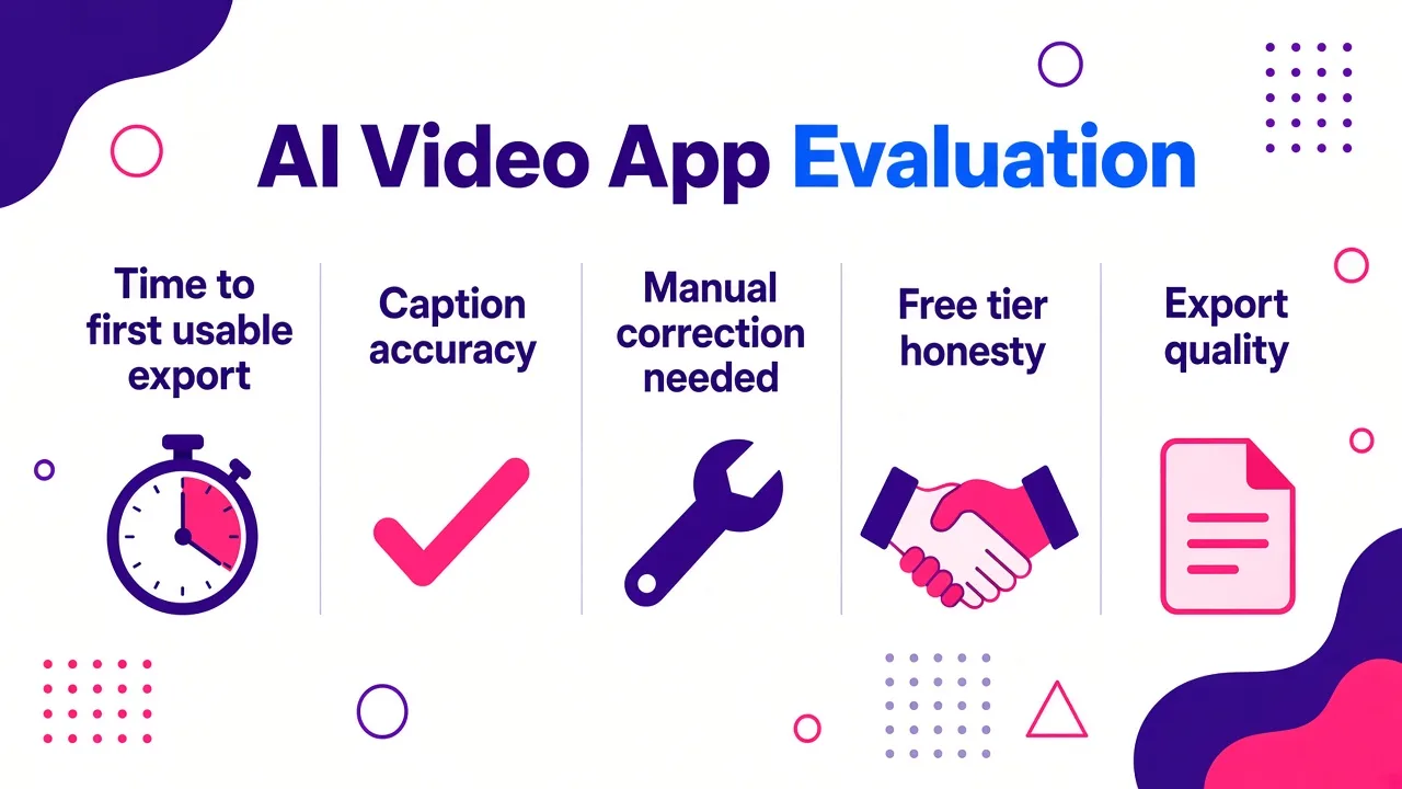 Five evaluation criteria displayed as column headers: time to first usable export, caption accuracy, manual correction needed, free tier honesty, and export quality.