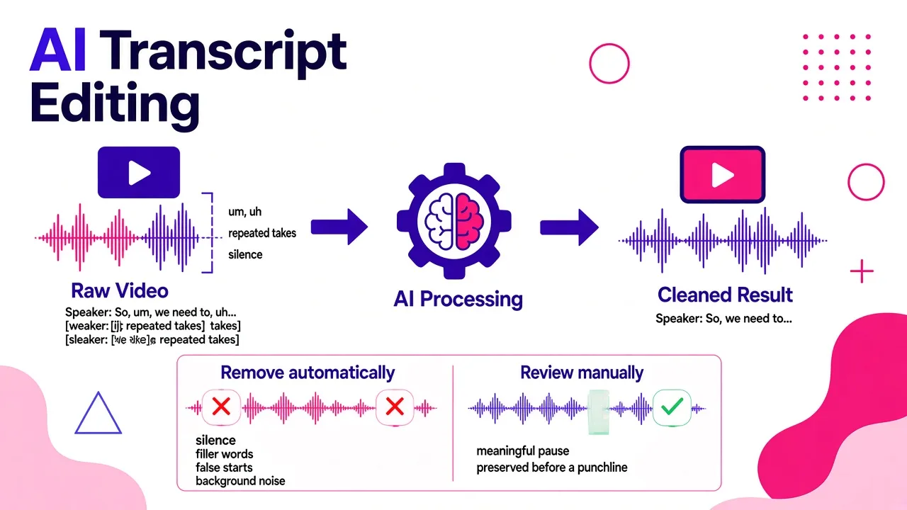 Diagram showing how AI transcript editing removes filler words and silences from raw footage while preserving intentional pauses.