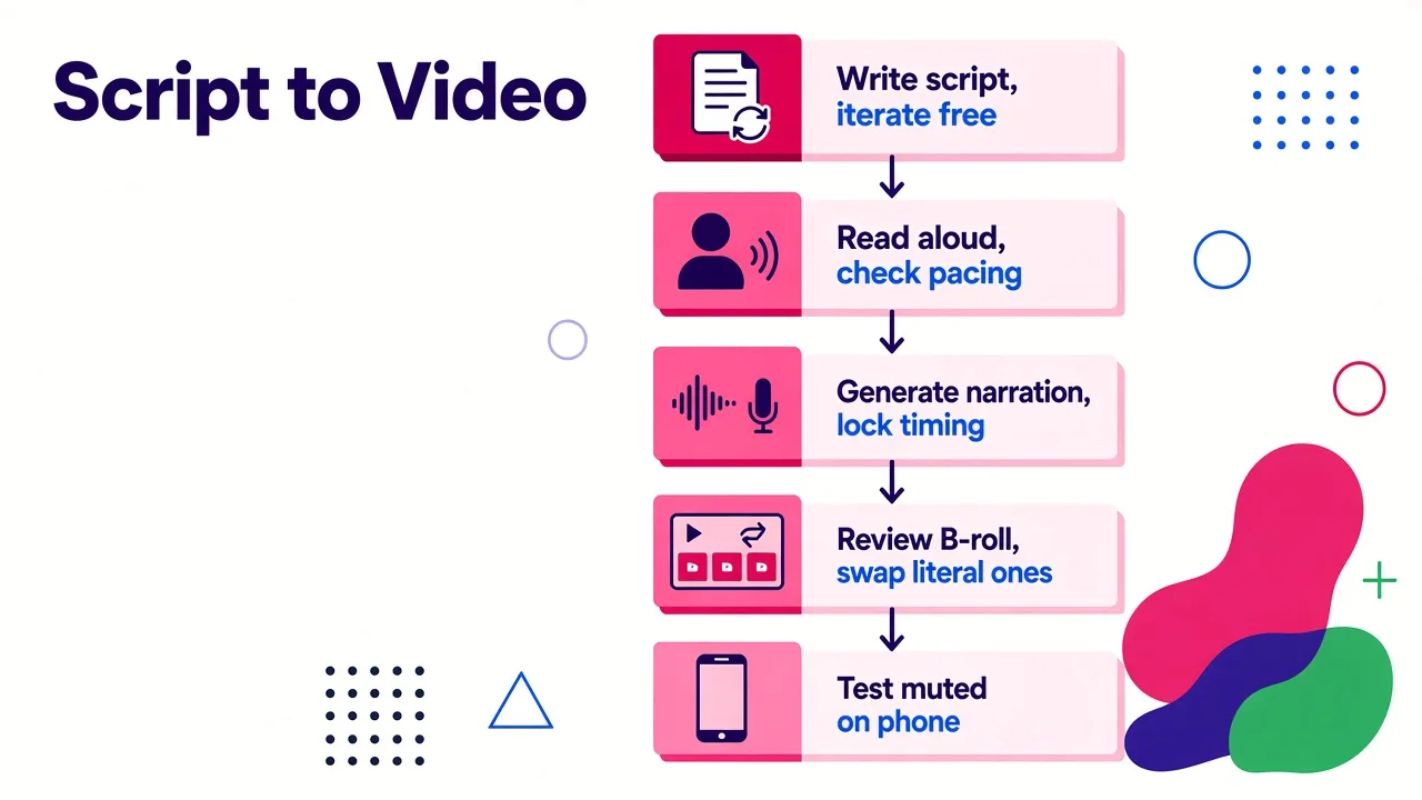 Five-step workflow for creating videos from text, starting with script writing and ending with muted phone testing.