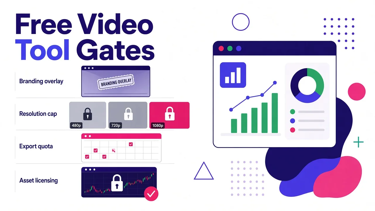 A four-layer diagram showing the four separate gates that free video tools use to restrict access: branding overlay, resolution cap, export quota, and asset licensing.