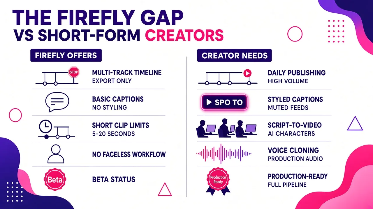 Side-by-side comparison of Firefly's capabilities versus short-form creator requirements, highlighting five key gaps in the tool's design.
