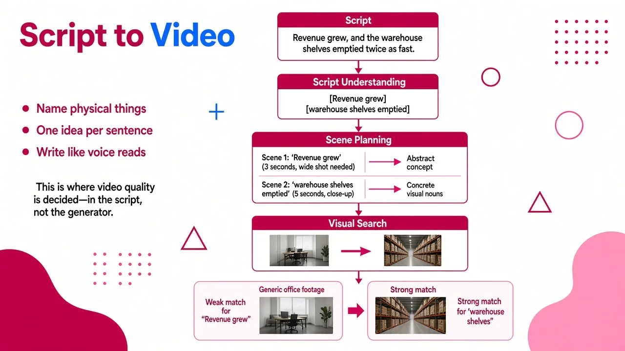 A flow diagram showing how script text becomes video scenes through parsing, planning, and visual search, with annotations showing which words trigger which footage results.