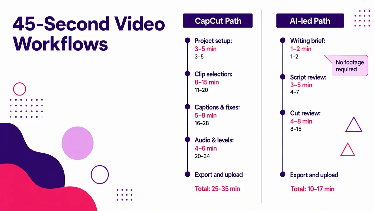 Timeline comparison showing CapCut takes 25–35 minutes per video and AI-led takes 10–17 minutes per video for the same 45-second explainer.