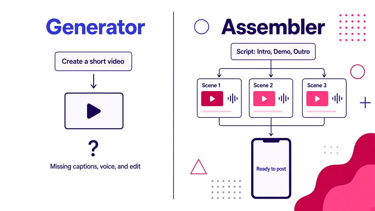 Side-by-side diagram: a generator turns a sentence into one raw clip, while an assembler splits a script into scenes and combines footage, voice and captions into a finished vertical video.