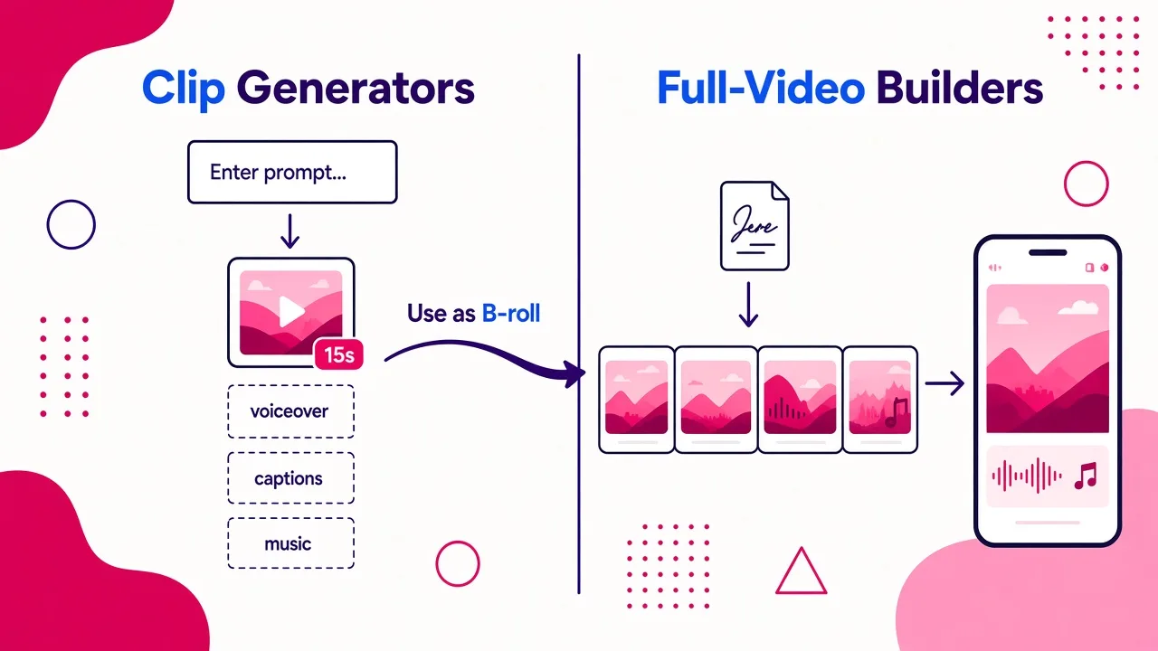 Comparison of clip generators, which output a single short clip, and full-video builders, which turn a script into a finished video with voiceover and captions.
