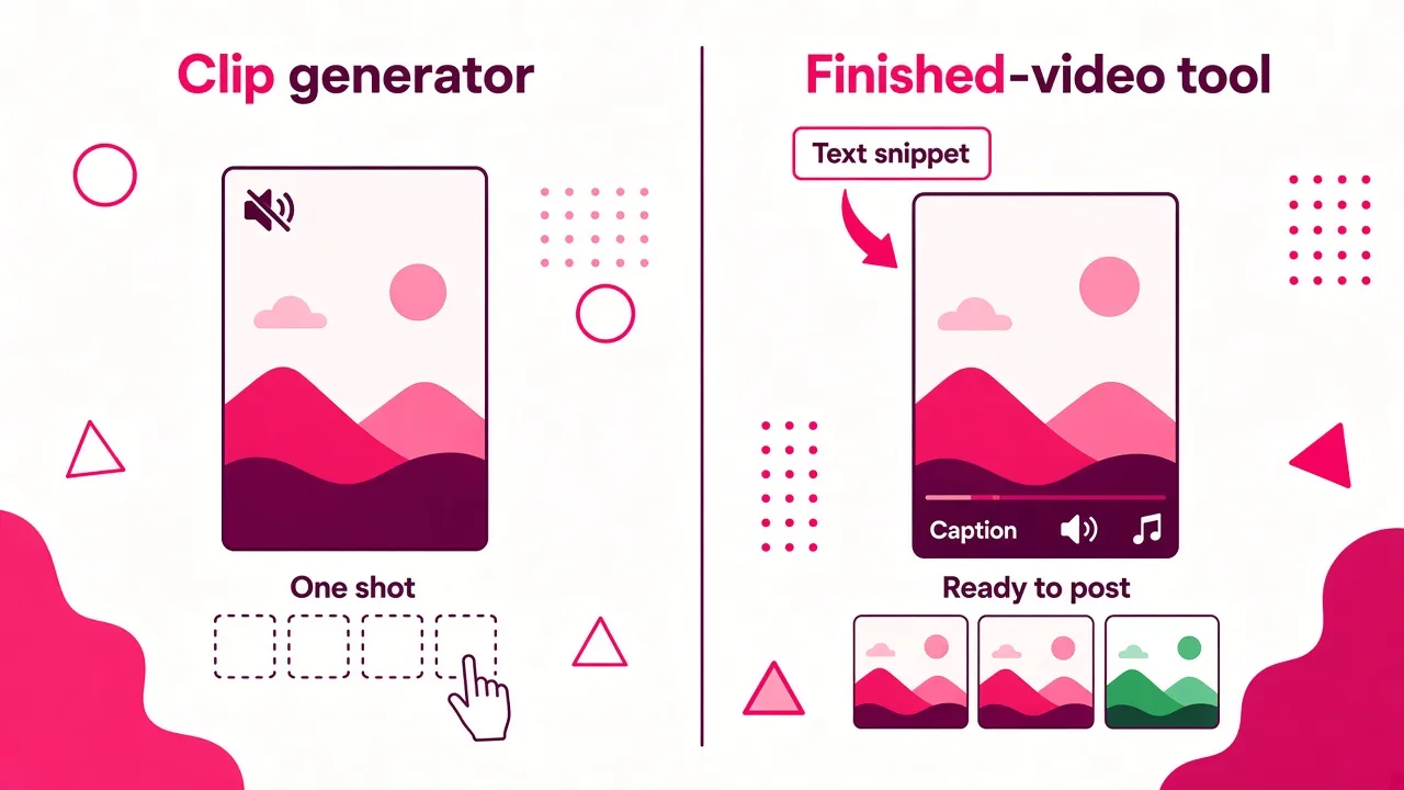 Side-by-side comparison of a clip generator producing one silent shot that needs manual additions versus a finished-video tool producing a complete captioned, voiced video from text.