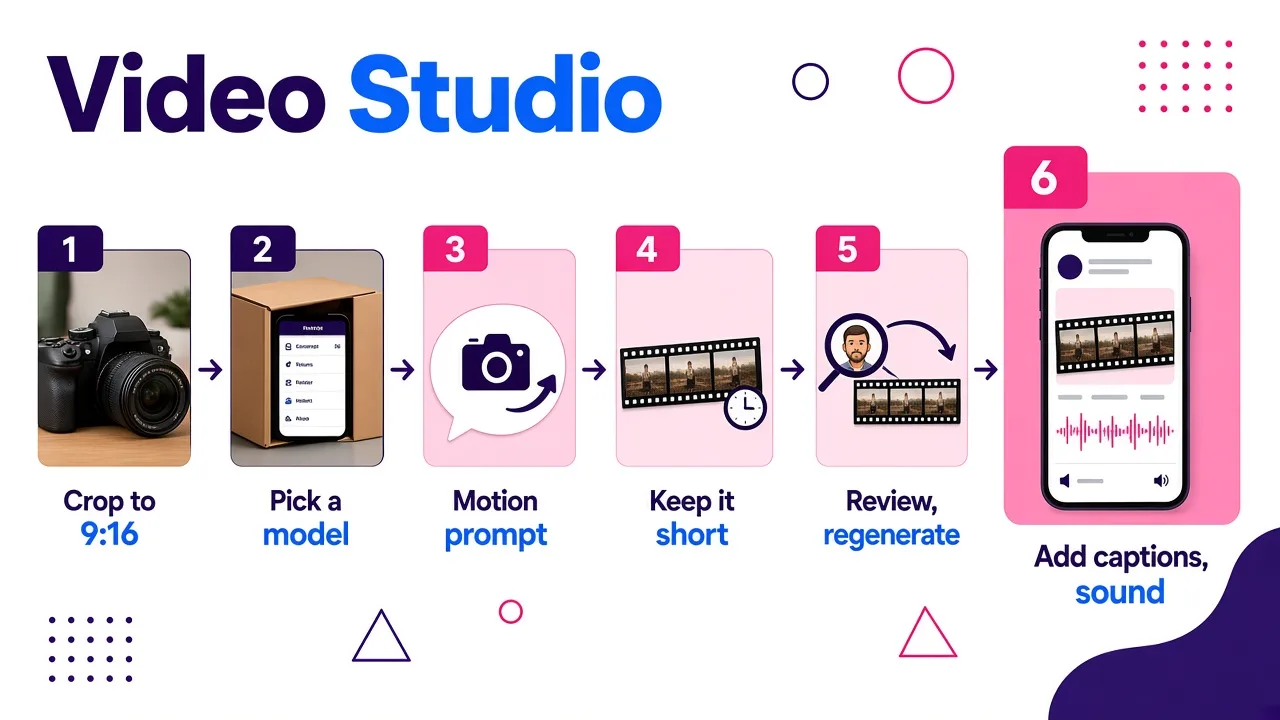 Six-step flow showing a cropped photo being given a model, a motion prompt and a short duration, reviewed, then finished as a captioned vertical video with sound.