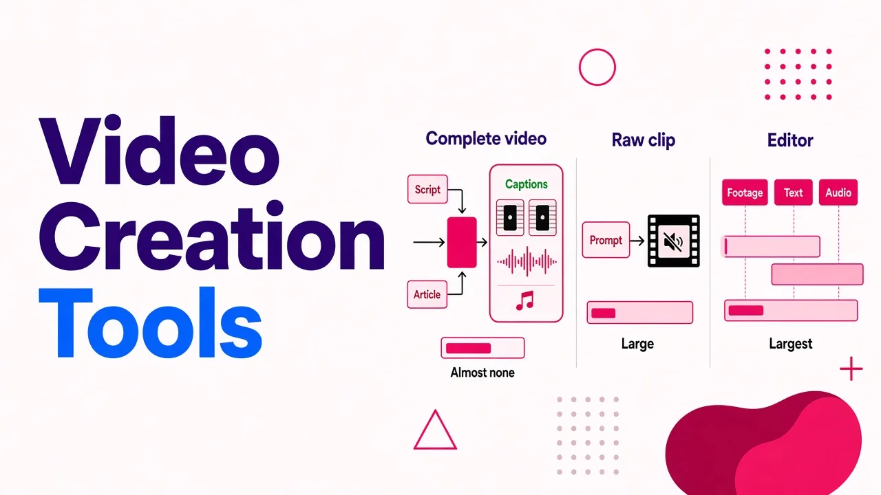 Side-by-side comparison of complete-video generators, raw clip generators and editors, showing how much finished output each gives and how much manual work remains.