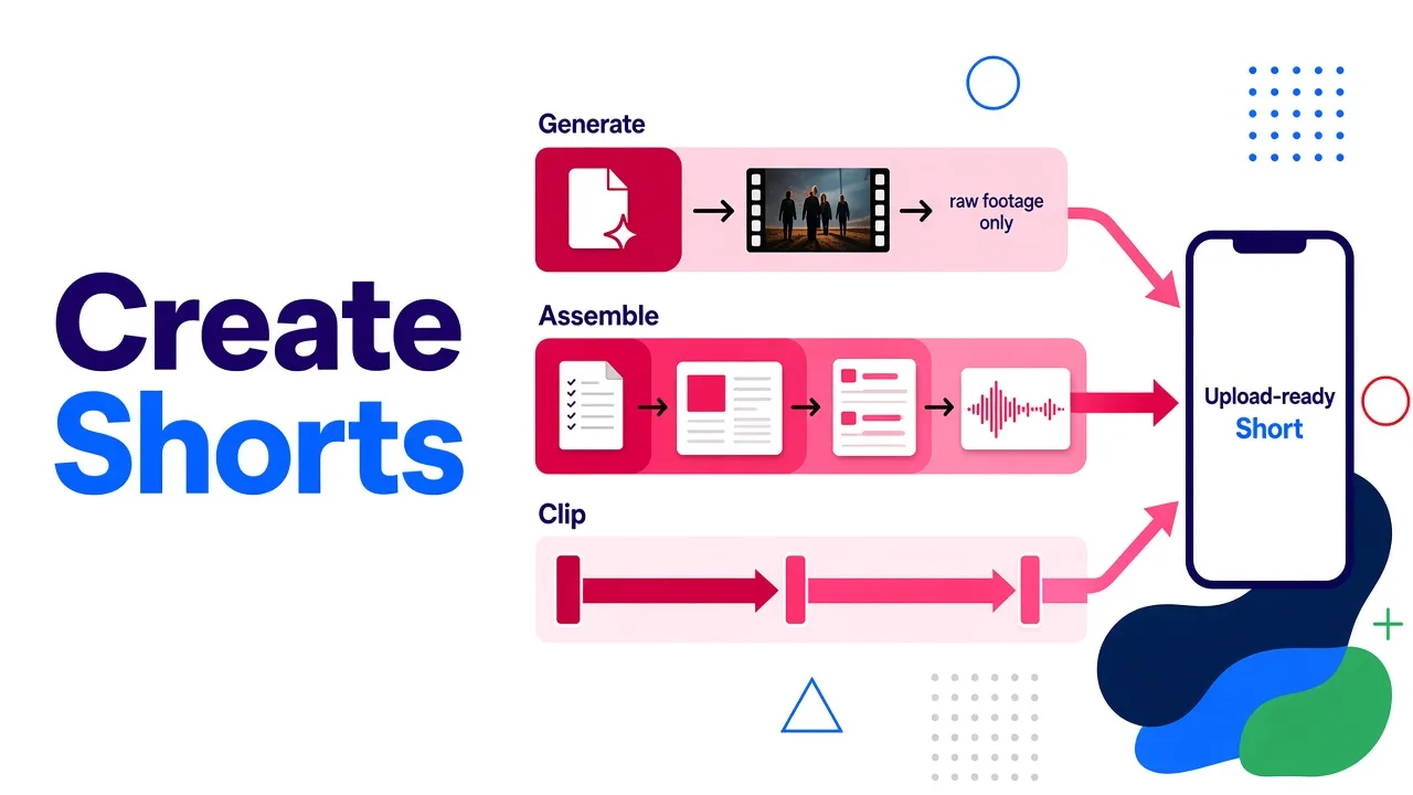 Diagram of three AI video tool types, generate, assemble and clip, each feeding into one upload-ready vertical Short, with assembly shown as the shortest path.