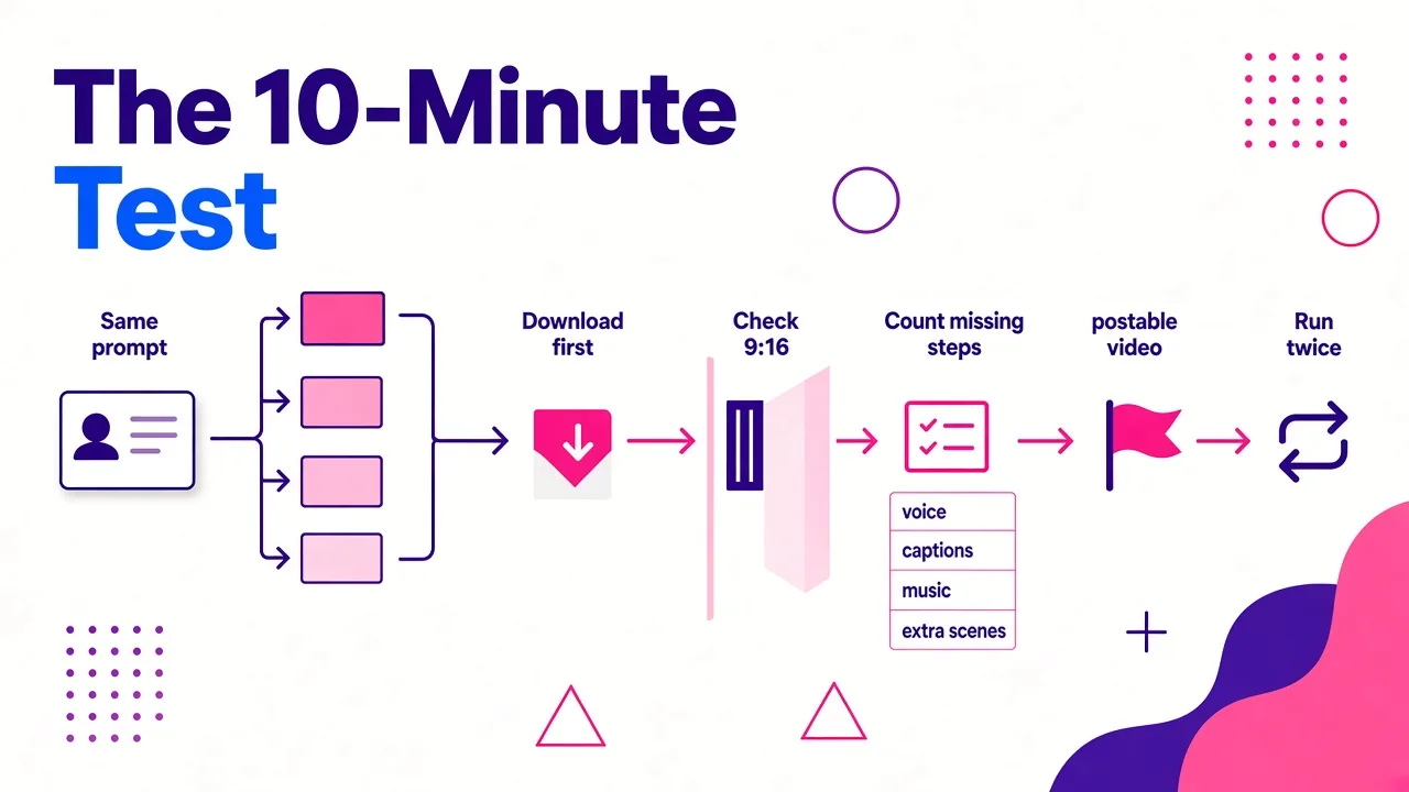 A flow diagram of a 10-minute test: one prompt run across several tools, then download, aspect ratio check, counting missing steps and a second generation.
