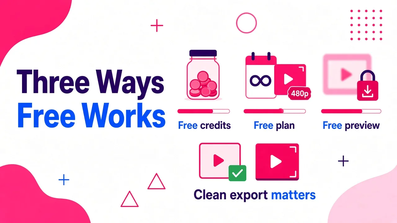 Three columns compare free credits, a free plan and a free preview, showing how each limits clean video exports.