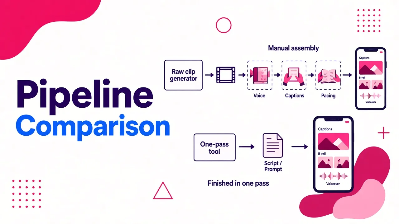 Diagram contrasting a raw clip generator that needs manual assembly of voice, captions and pacing with a one-pass tool that turns a script directly into a finished vertical video.