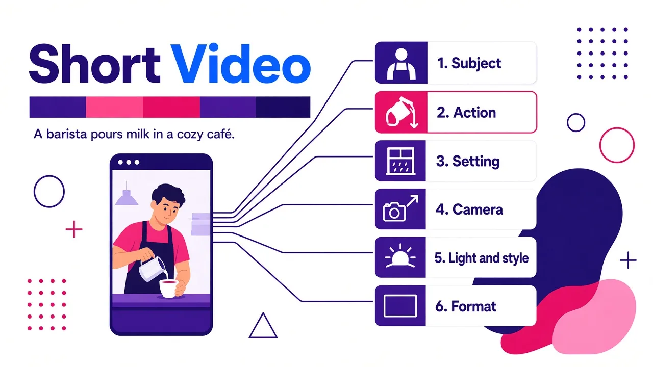 Diagram splitting a clip prompt into six labelled parts, from subject to format, each linked to the part of a vertical café video frame it controls.