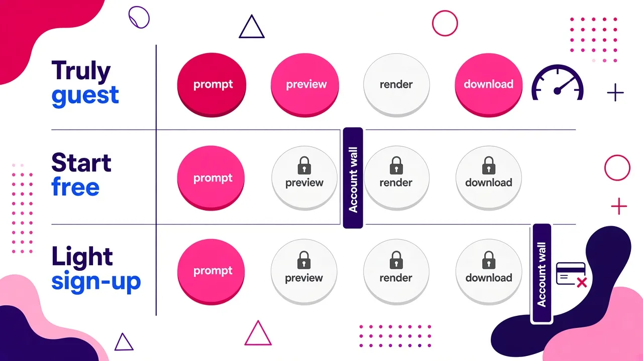 Diagram of three types of free AI video offers, showing where the account wall blocks progress from prompt to download in each.