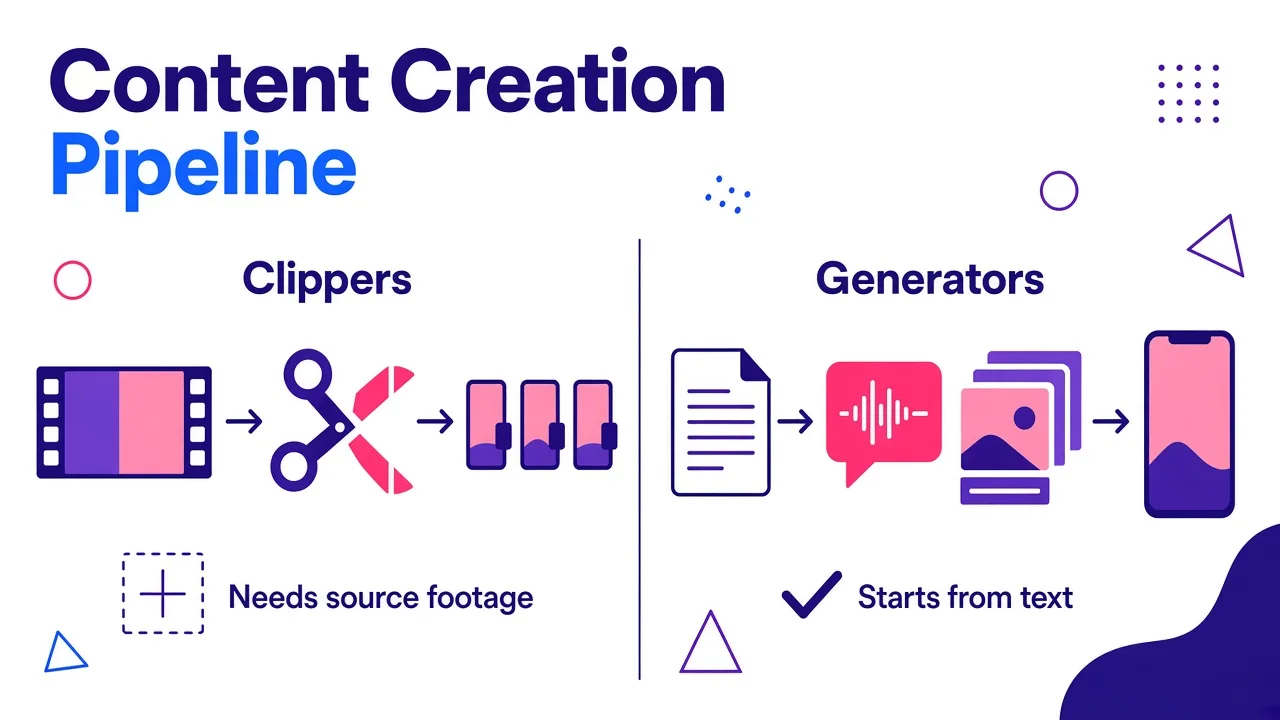 Side-by-side diagram: clippers cut short clips from an existing long video, while generators build a finished vertical Short starting from text.