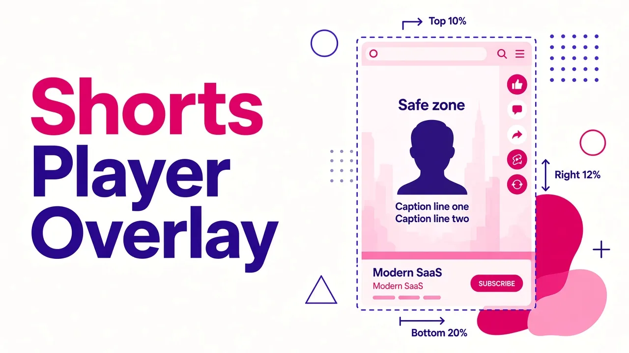 Diagram of a vertical Shorts frame showing the top, bottom and right-side interface overlays and the central safe zone where faces and captions should sit.
