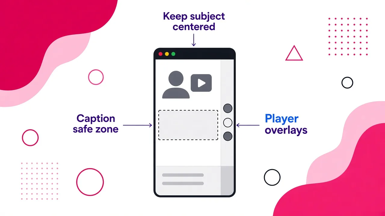 A vertical phone screen diagram showing the bottom and right-edge Shorts player overlays, with a safe zone in the middle third for captions and a centered subject.